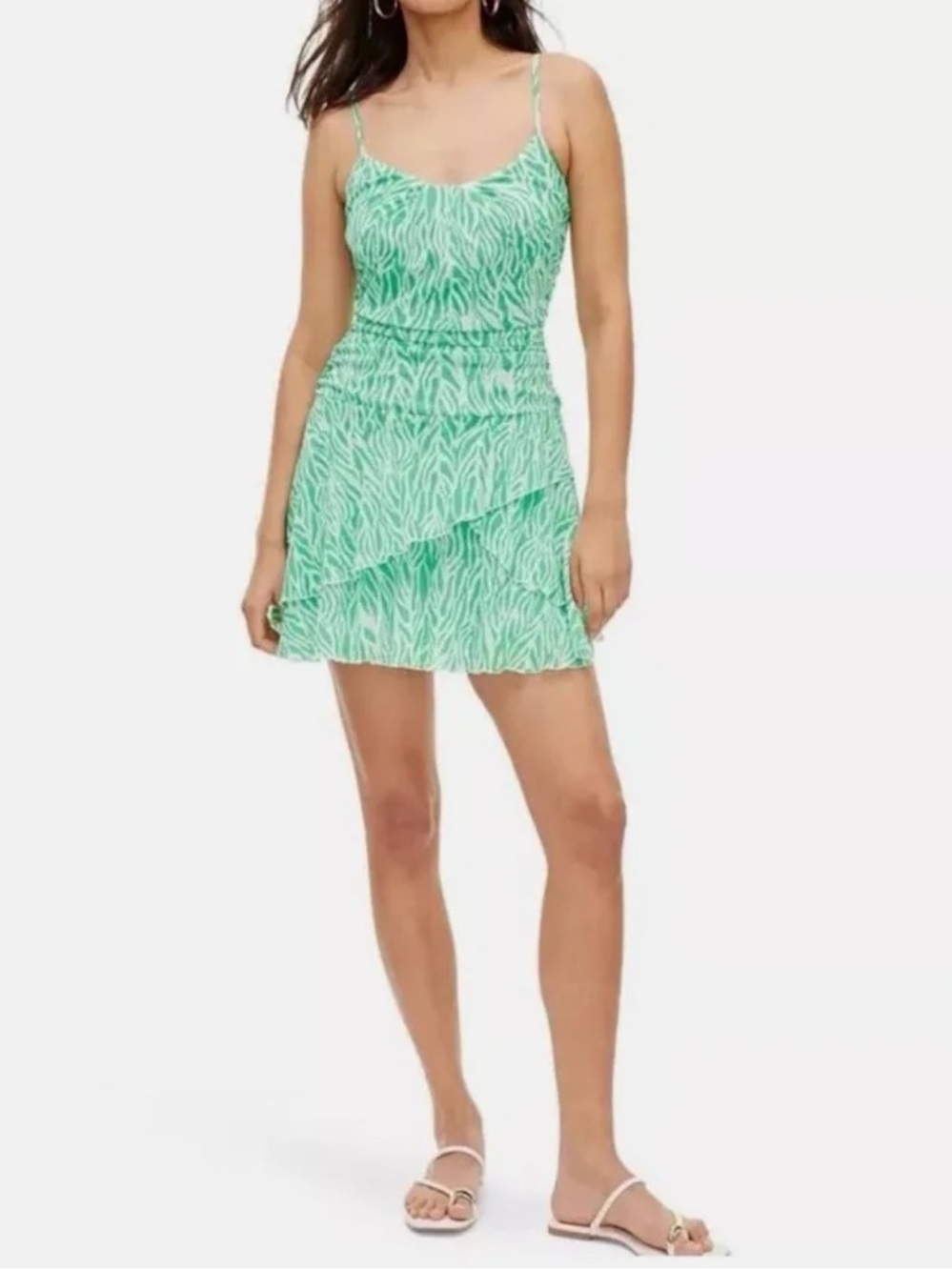 Diane Von Furstenberg X Target Green Zebra Ruched Ruffle Printed Mini Dress Sz M